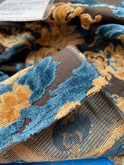 3 Berkbox80 Square Velvet by Grey Watkins Cherbourg Blue Brown Gold Botanical Foliage MSRP USD300+/y