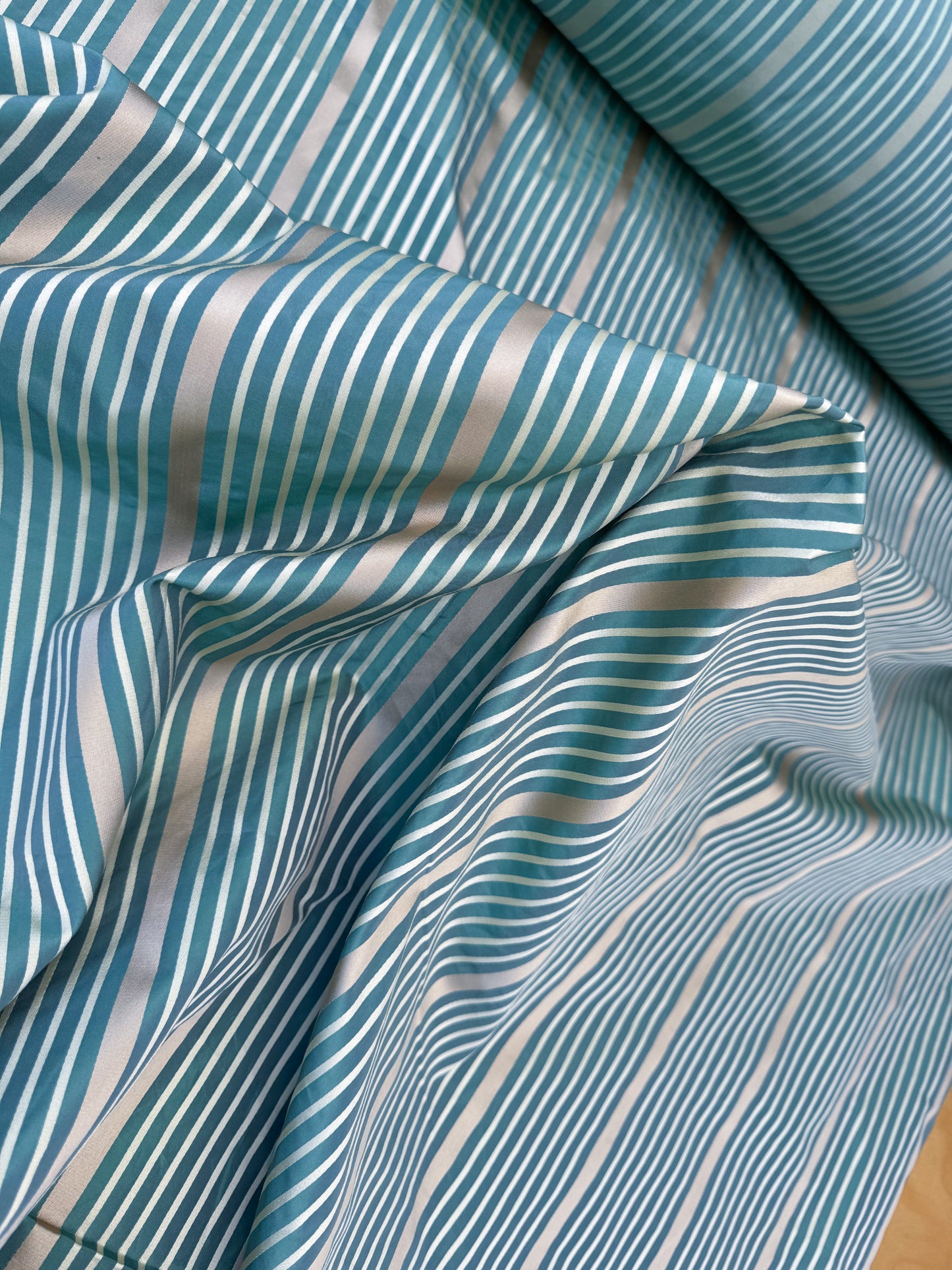 Designer Meadow Brooke Stripe in Dark Aqua Deep Blue and Gold 100% Silk Satin - By The Yard