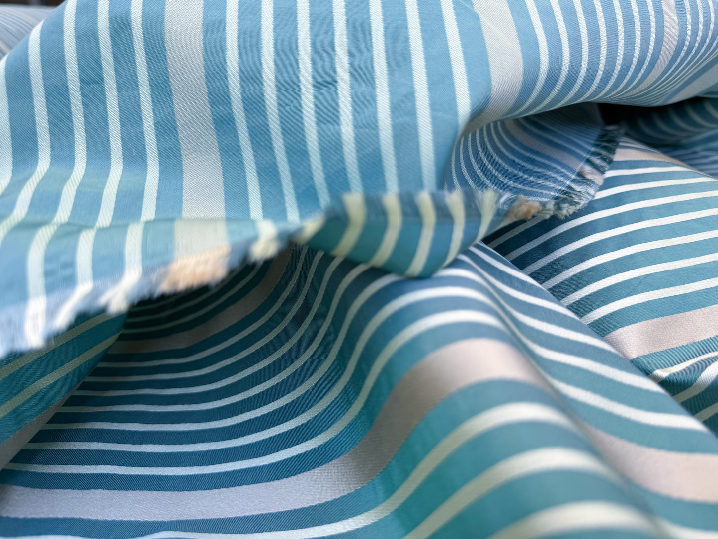 Designer Meadow Brooke Stripe in Dark Aqua Deep Blue and Gold 100% Silk Satin - By The Yard