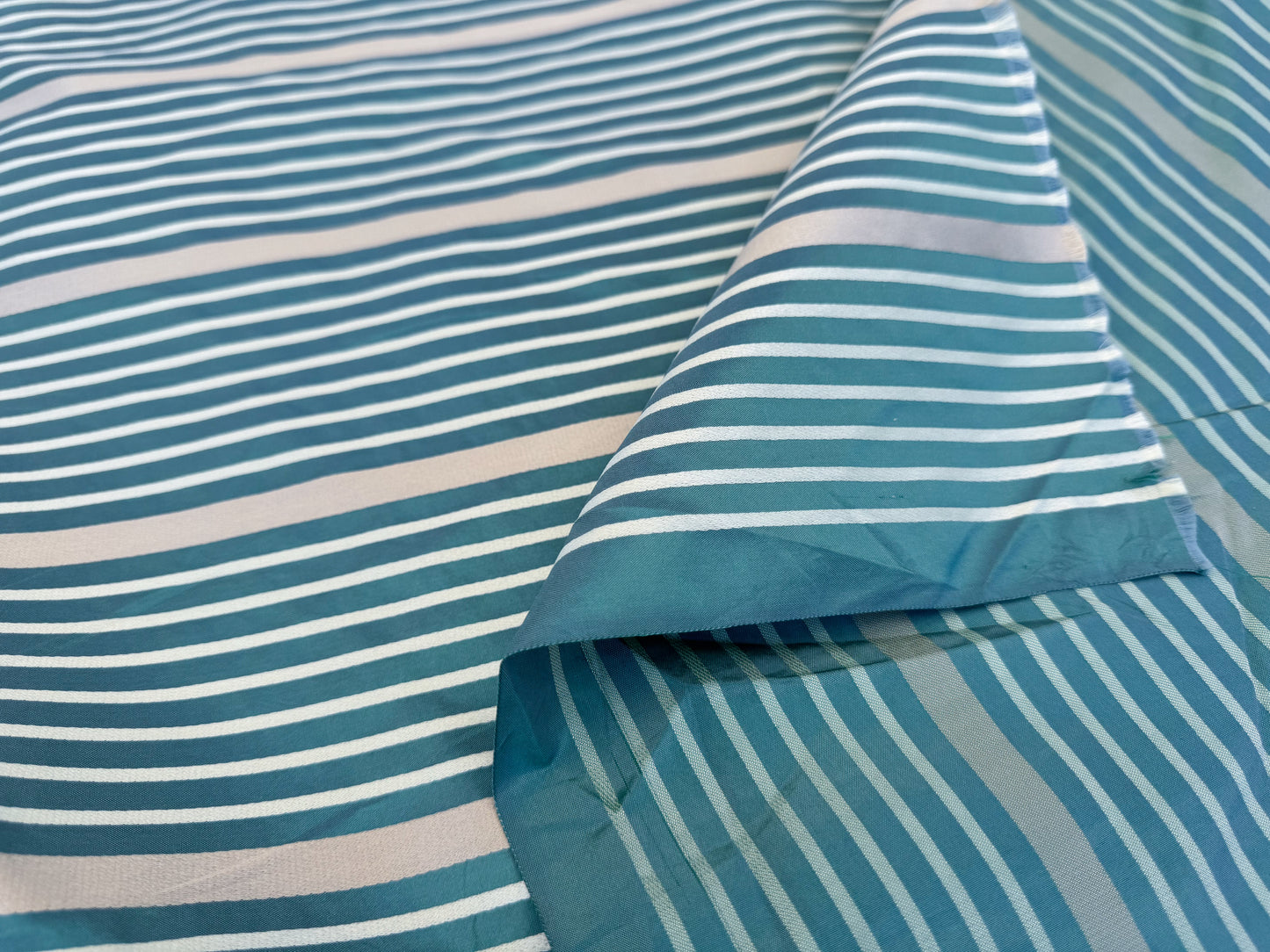 Designer Meadow Brooke Stripe in Dark Aqua Deep Blue and Gold 100% Silk Satin - By The Yard