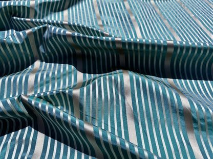 Designer Meadow Brooke Stripe in Dark Aqua Deep Blue and Gold 100% Silk Satin - By The Yard