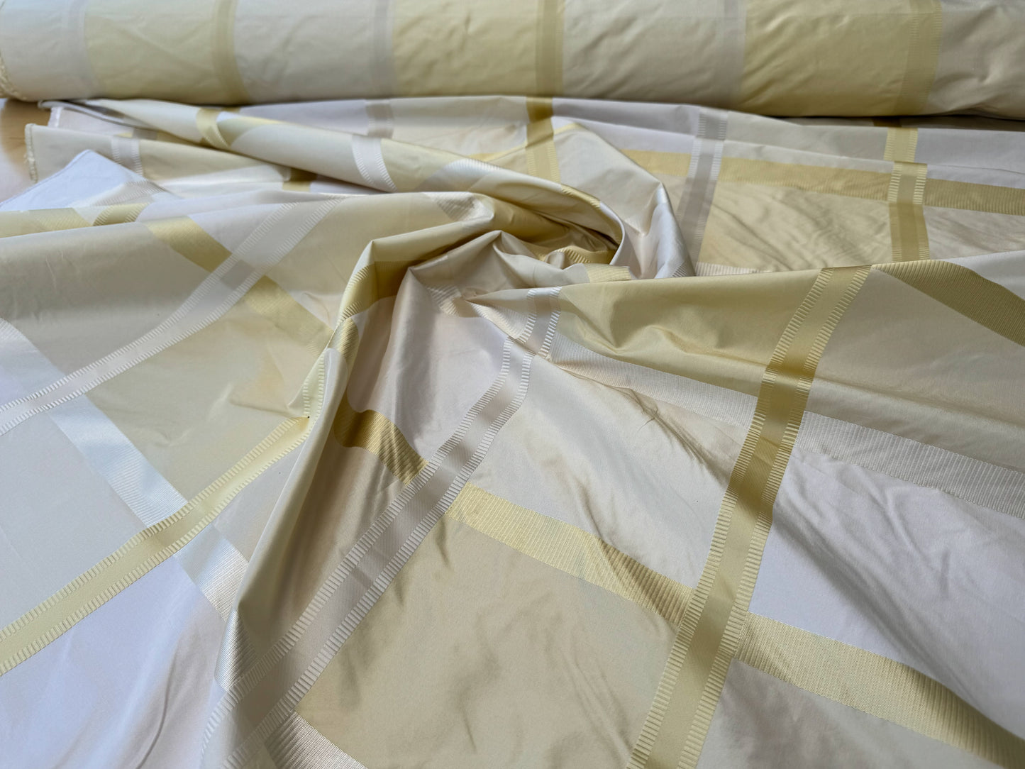 Beacon Hill Monte Rosa Yellow Lotus 100% Silk Plaid Satin Lemon White Cream Shimmering - By The Yard