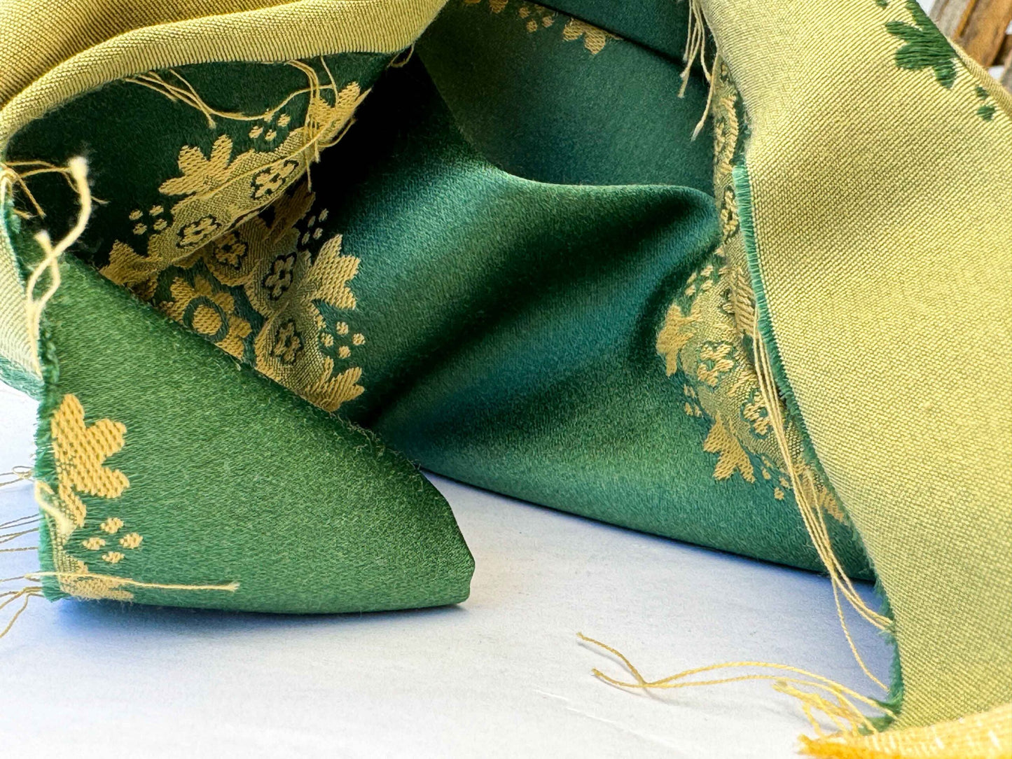 Scalamandre Green Neoclassical Botanical Floral Emerald Green Yellow Sunflower Medallion Silk Lampas56" x 43"