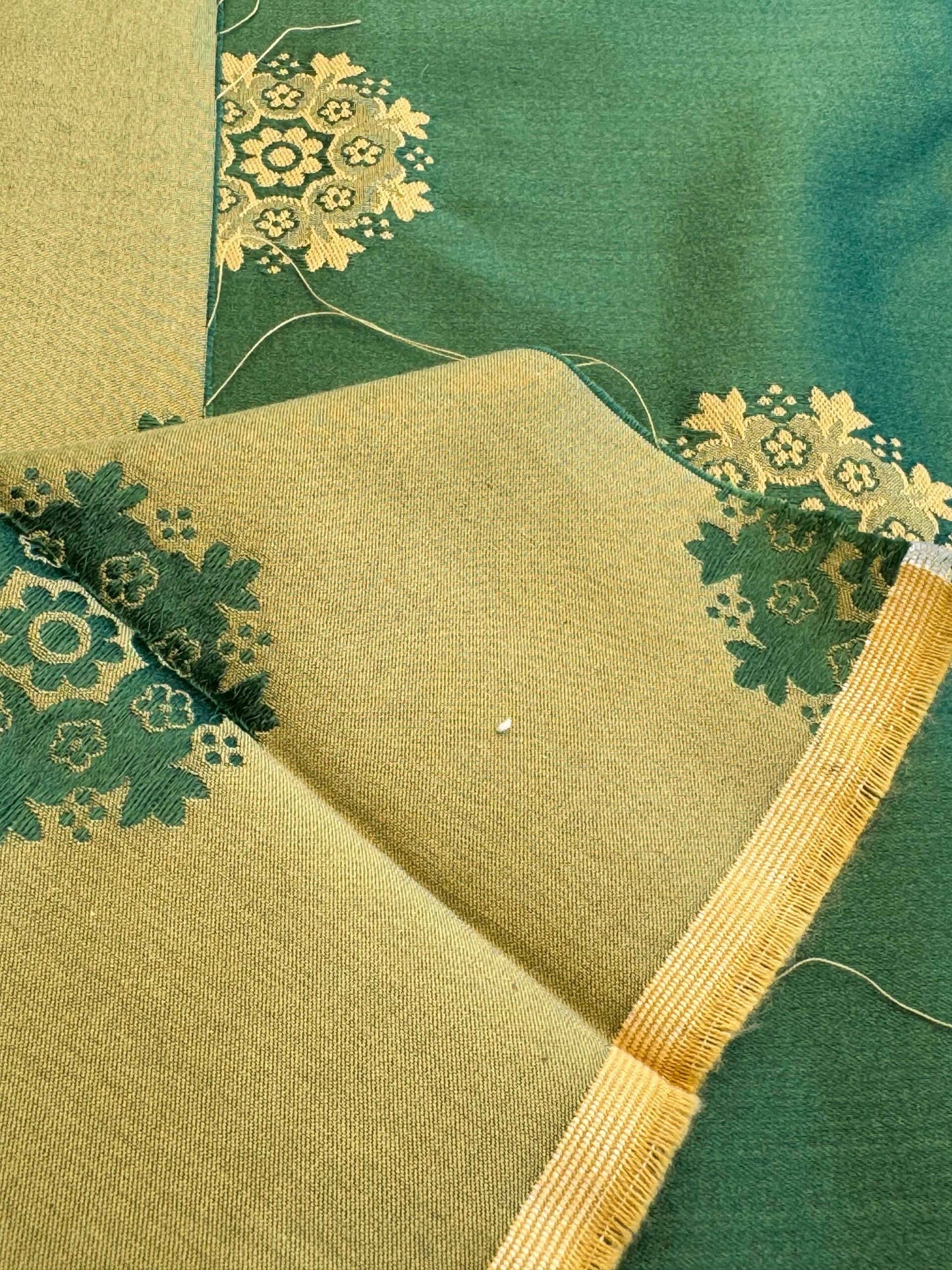 Scalamandre Green Neoclassical Botanical Floral Emerald Green Yellow Sunflower Medallion Silk Lampas56" x 43"