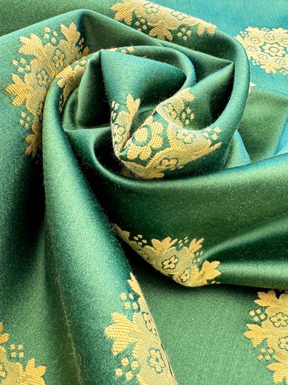 Scalamandre Green Neoclassical Botanical Floral Emerald Green Yellow Sunflower Medallion Silk Lampas56" x 43"