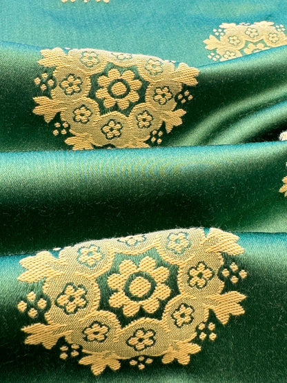 Scalamandre Green Neoclassical Botanical Floral Emerald Green Yellow Sunflower Medallion Silk Lampas56" x 43"