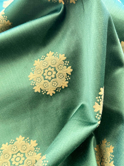 Scalamandre Green Neoclassical Botanical Floral Emerald Green Yellow Sunflower Medallion Silk Lampas56" x 43"