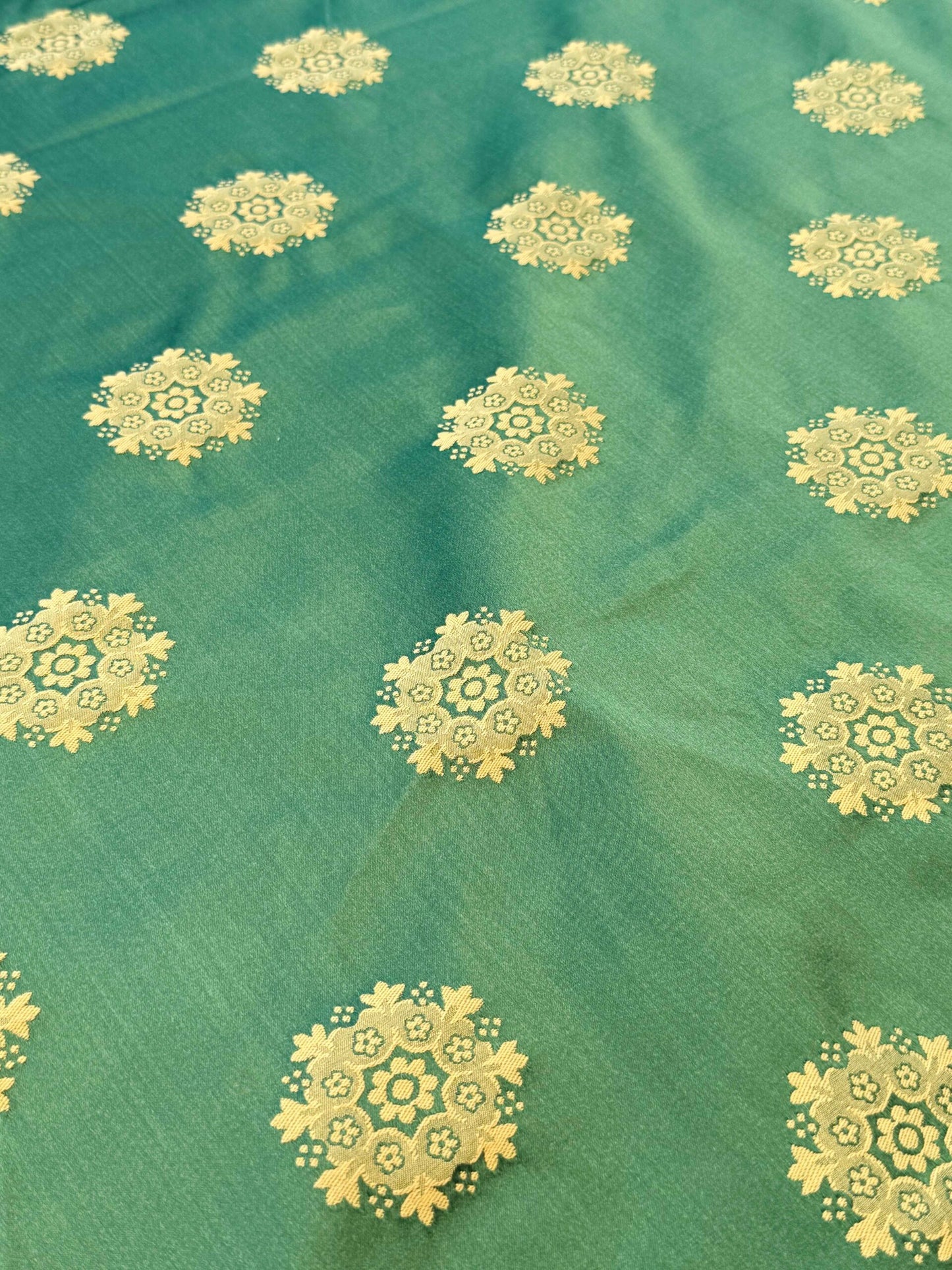 Scalamandre Green Neoclassical Botanical Floral Emerald Green Yellow Sunflower Medallion Silk Lampas56" x 43"