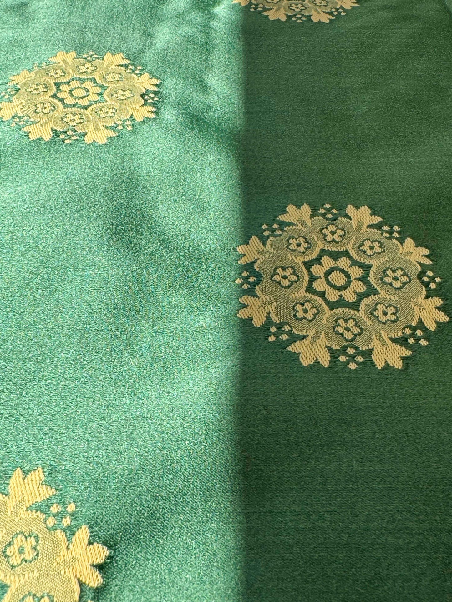 Scalamandre Green Neoclassical Botanical Floral Emerald Green Yellow Sunflower Medallion Silk Lampas56" x 43"