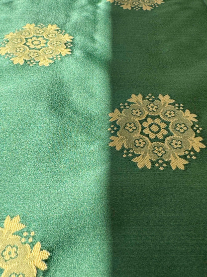 Scalamandre Green Neoclassical Botanical Floral Emerald Green Yellow Sunflower Medallion Silk Lampas56" x 43"
