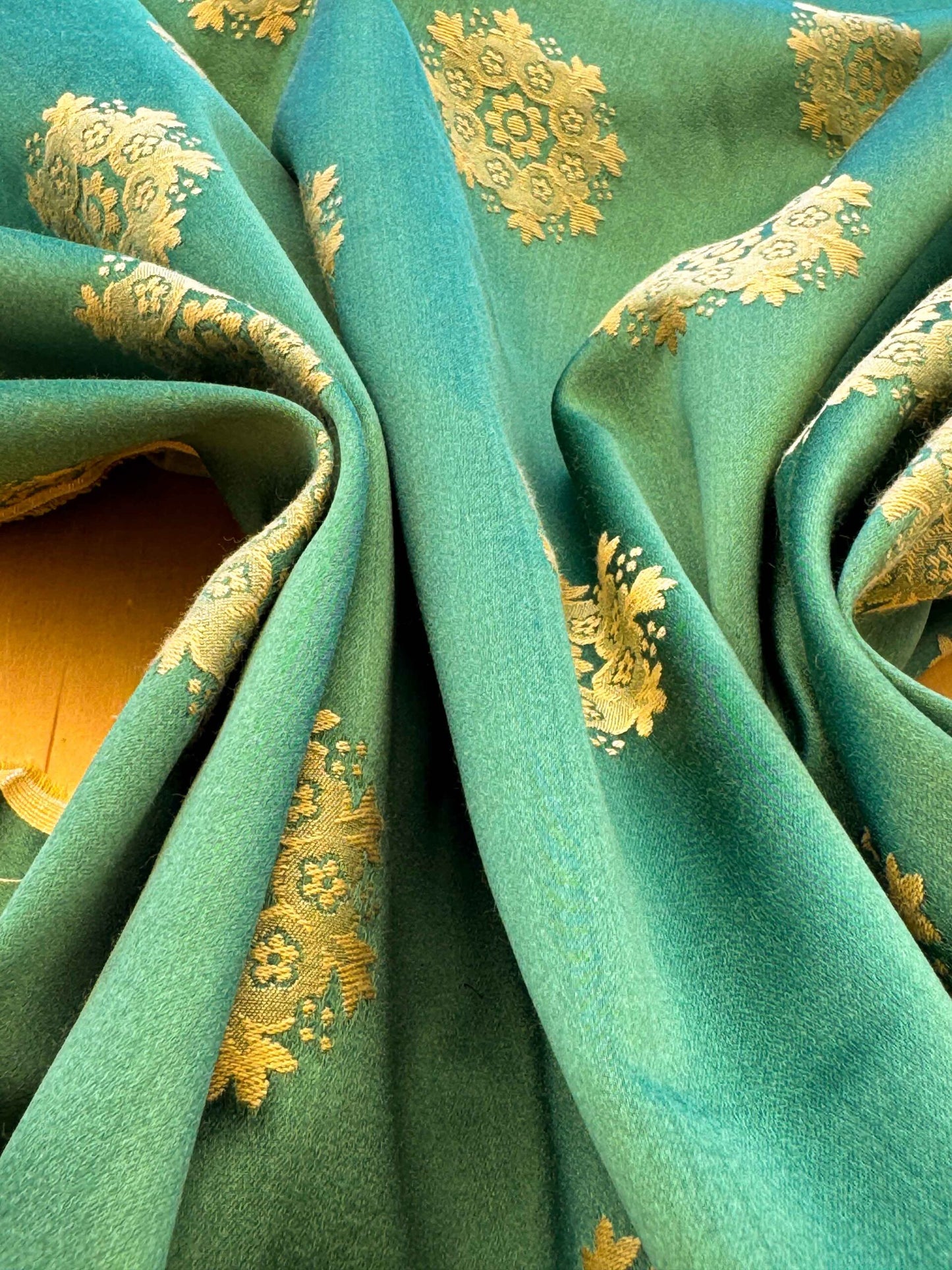 Scalamandre Green Neoclassical Botanical Floral Emerald Green Yellow Sunflower Medallion Silk Lampas56" x 43"