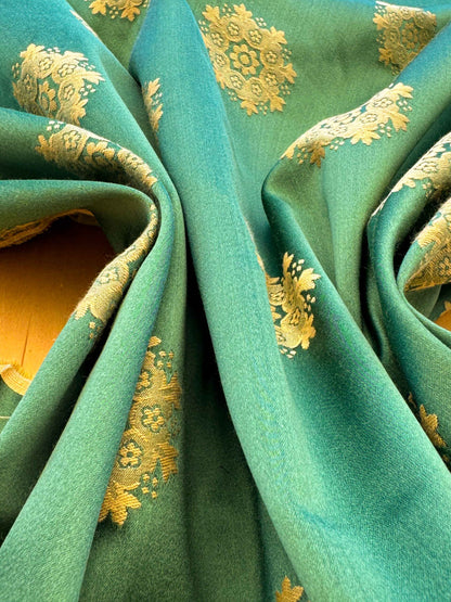 Scalamandre Green Neoclassical Botanical Floral Emerald Green Yellow Sunflower Medallion Silk Lampas56" x 43"