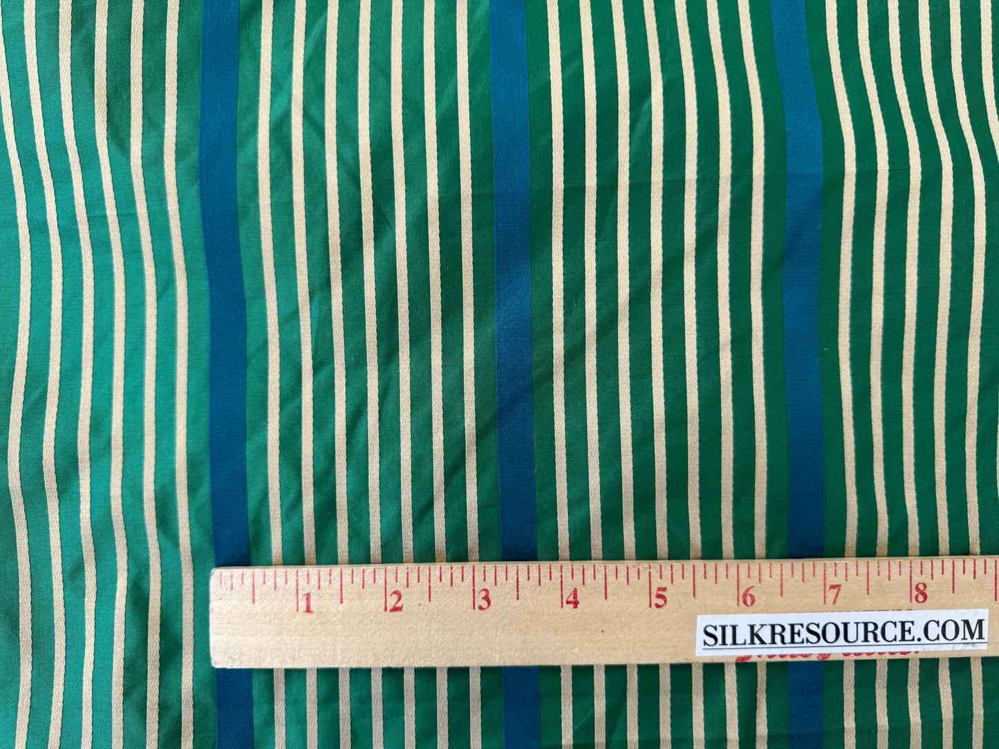 Designer Meadow Brooke Stripe in Emerald Deep Green and Sapphire Blue 100% Silk Satin - by The Yard