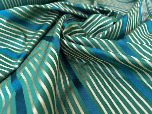Designer Meadow Brooke Stripe in Emerald Deep Green and Sapphire Blue 100% Silk Satin - by The Yard