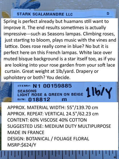 Scalamandre Seasons Light Rose and Green on Beige Rose Floral Foliage French Lampas MSRP USD 624/y
