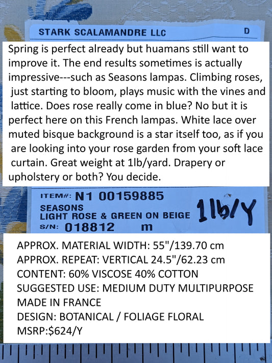 Scalamandre Seasons Light Rose and Green on Beige Rose Floral Foliage French Lampas MSRP USD 624/y