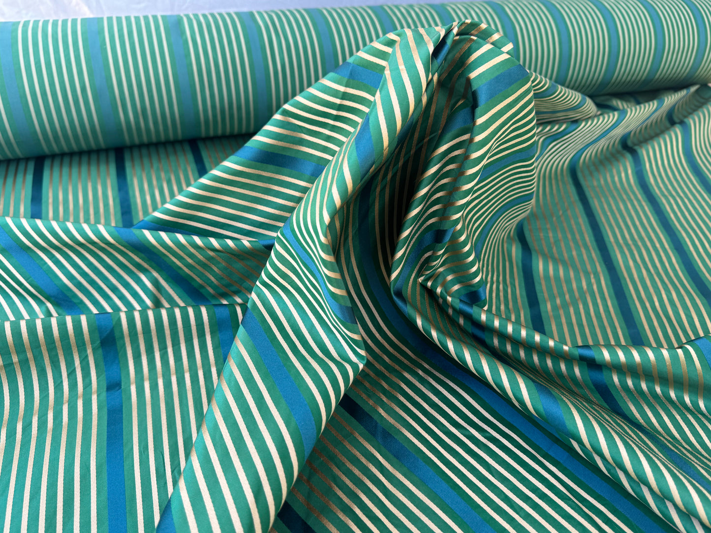 Designer Meadow Brooke Stripe in Emerald Deep Green and Sapphire Blue 100% Silk Satin - by The Yard