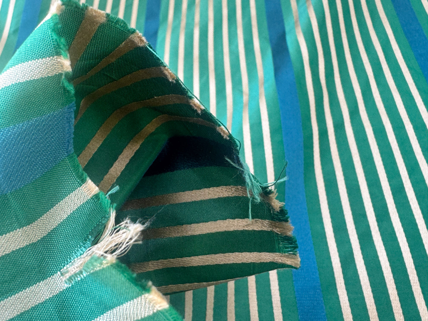 Designer Meadow Brooke Stripe in Emerald Deep Green and Sapphire Blue 100% Silk Satin - by The Yard
