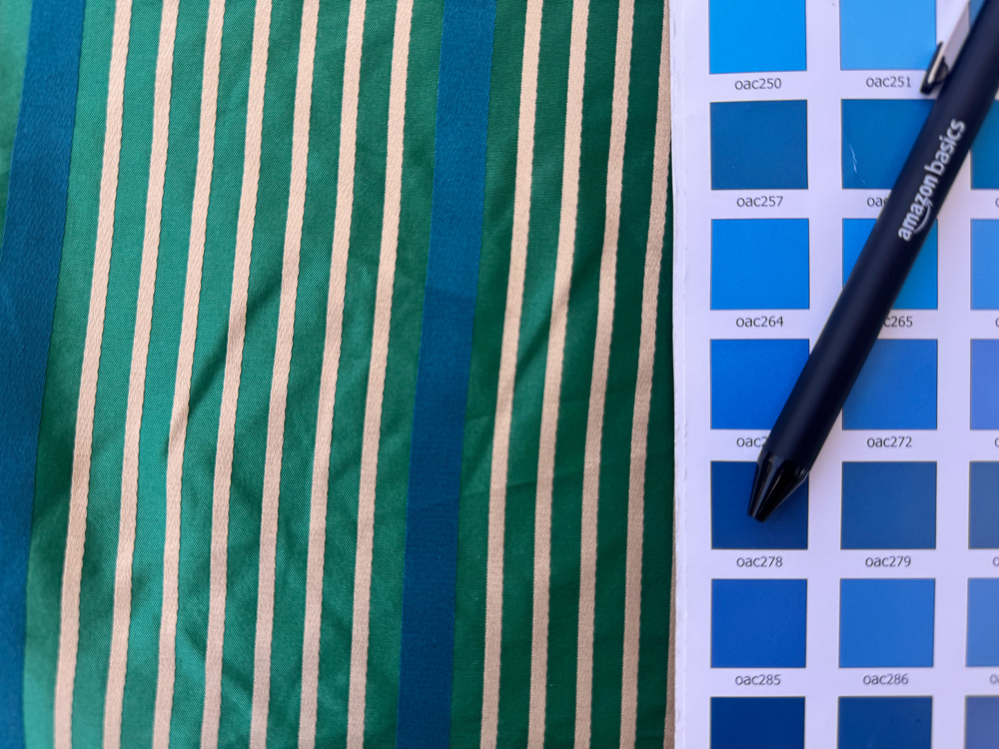 Designer Meadow Brooke Stripe in Emerald Deep Green and Sapphire Blue 100% Silk Satin - by The Yard