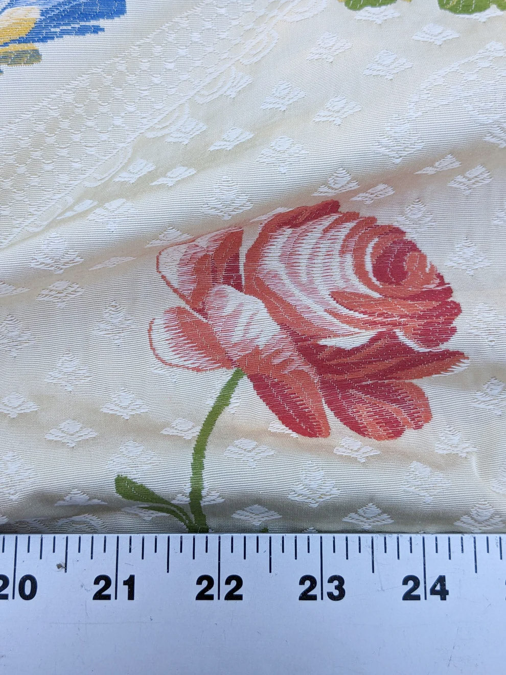By Yard Scalamandre Seasons Light Rose and Green on Beige Blue Pink Rose Floral Foliage French Lampas MSRP USD 624/y