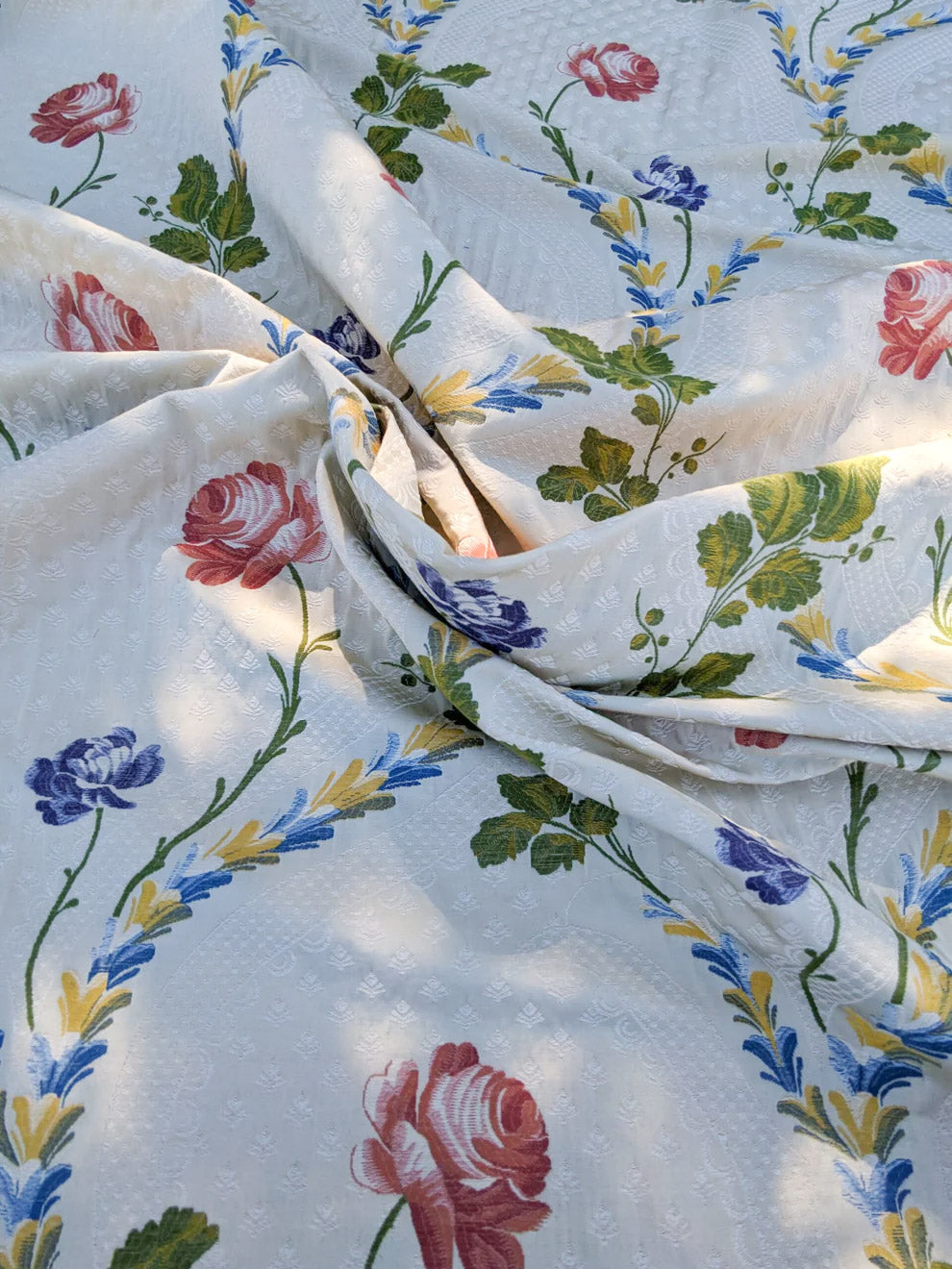 By Yard Scalamandre Seasons Light Rose and Green on Beige Blue Pink Rose Floral Foliage French Lampas MSRP USD 624/y