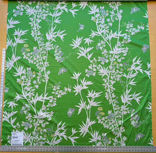Scalamandre Jardin de Chine Print Jade Green White Cotton Bird Animal Botanical Foliage Chinoiserie Floral Bamboo Butterfly MSRP USD 388/y
