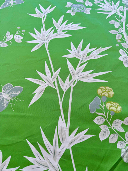 Scalamandre Jardin de Chine Print Jade Green White Cotton Bird Animal Botanical Foliage Chinoiserie Floral Bamboo Butterfly MSRP USD 388/y