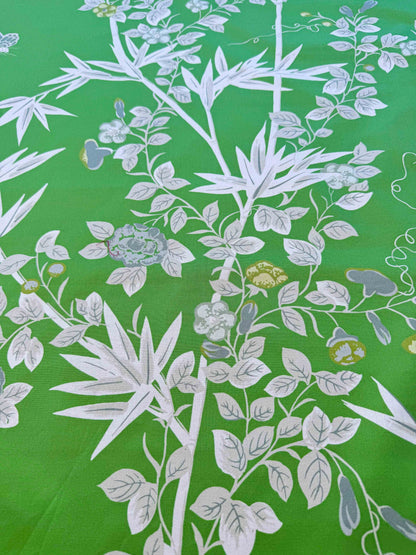 Scalamandre Jardin de Chine Print Jade Green White Cotton Bird Animal Botanical Foliage Chinoiserie Floral Bamboo Butterfly MSRP USD 388/y
