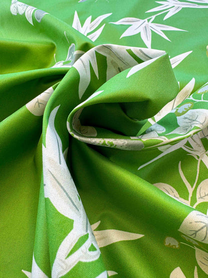 Scalamandre Jardin de Chine Print Jade Green White Cotton Bird Animal Botanical Foliage Chinoiserie Floral Bamboo Butterfly MSRP USD 388/y