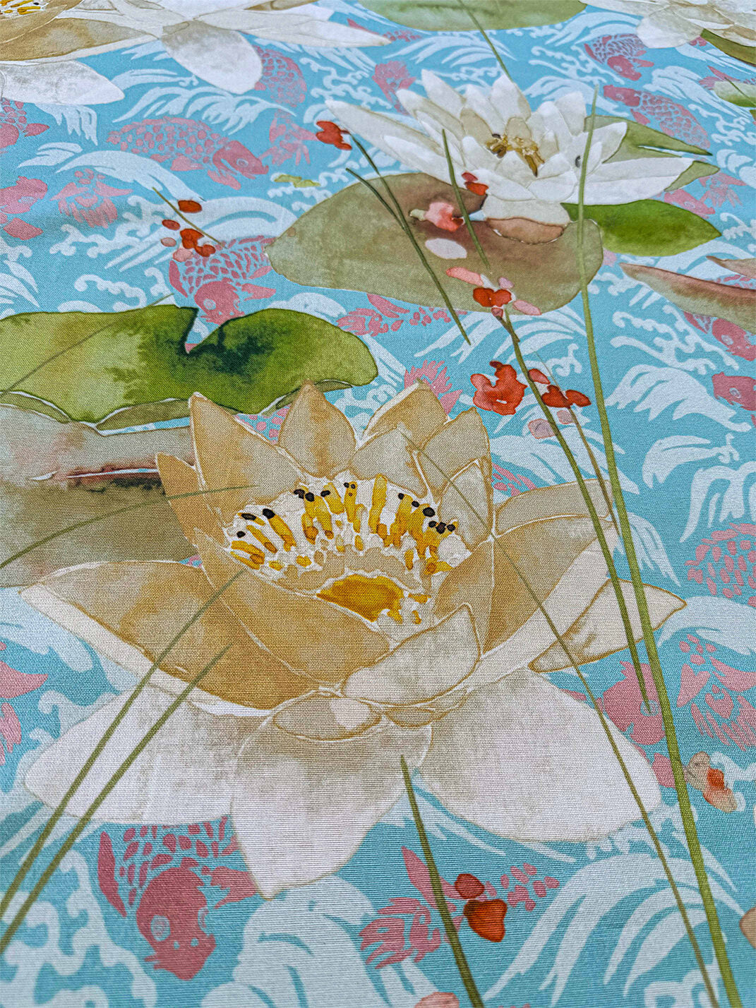 2.2y Scalamandre Fonthills Nenuphar Waterlily Lotus Pond Koi Fish Blue