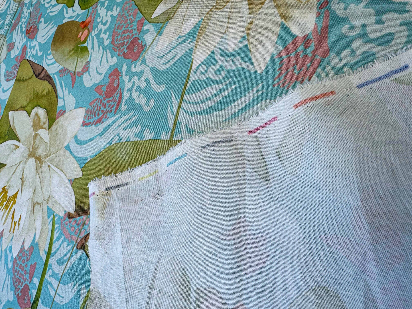 2.2y Scalamandre Fonthills Nenuphar Waterlily Lotus Pond Koi Fish Blue