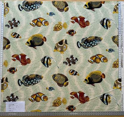 1.4 y Scalamandre Barbuda Coral/Apricot/Green Gold Dots Fish Nautical Ocean