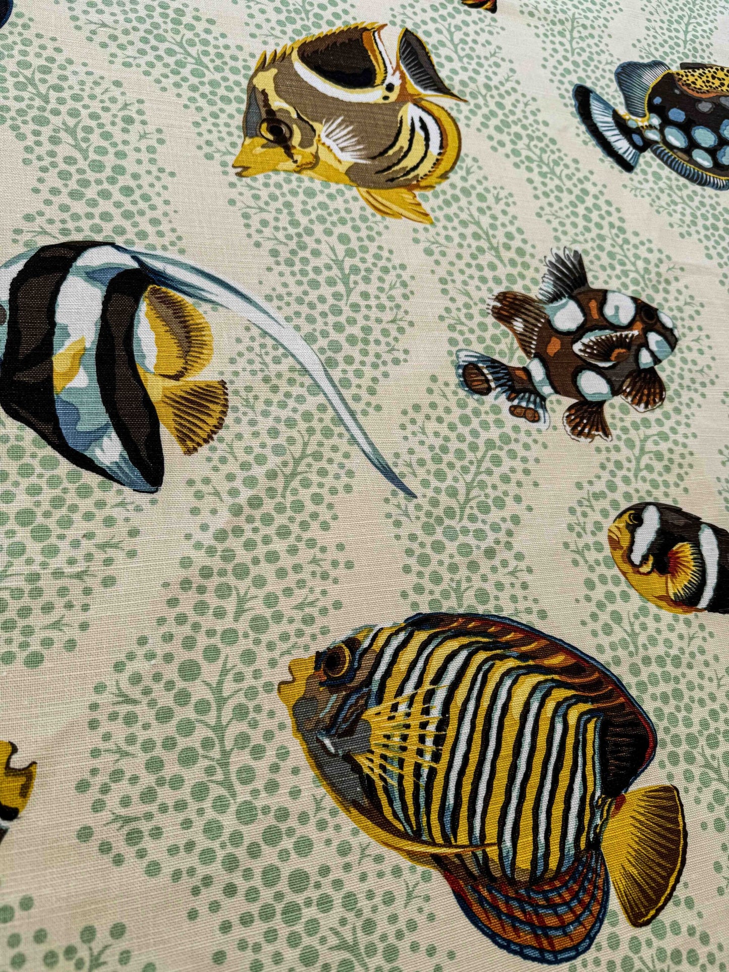 1.4 y Scalamandre Barbuda Coral/Apricot/Green Gold Dots Fish Nautical Ocean