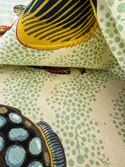 1.4 y Scalamandre Barbuda Coral/Apricot/Green Gold Dots Fish Nautical Ocean