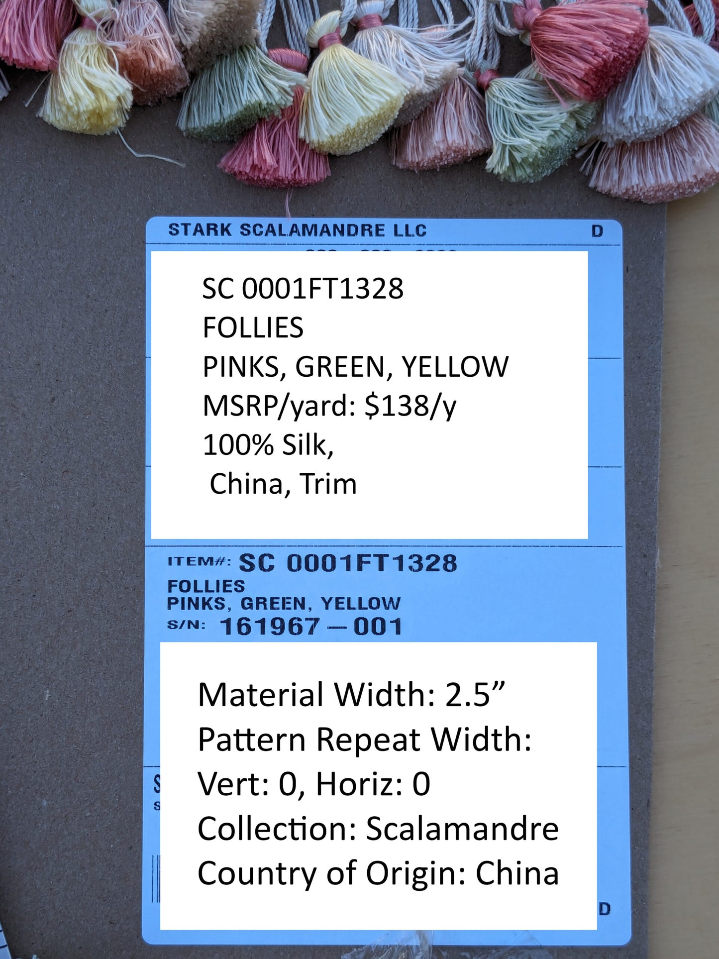 Scalamandre Silk Trim Follies Pink Green Yellow Tassel Coral Trim MSRP USD 260/Y