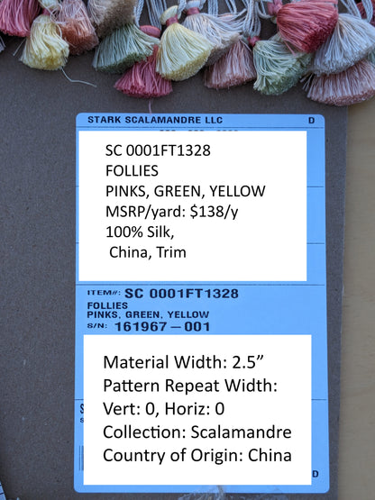 Scalamandre Silk Trim Follies Pink Green Yellow Tassel Coral Trim MSRP USD 260/Y