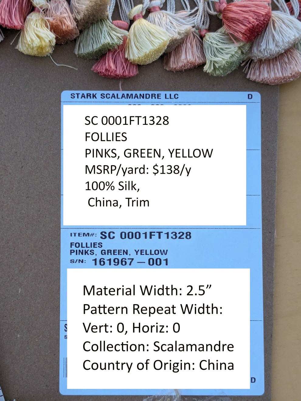 Scalamandre Silk Trim Follies Pink Green Yellow Tassel Coral Trim MSRP USD 260/Y
