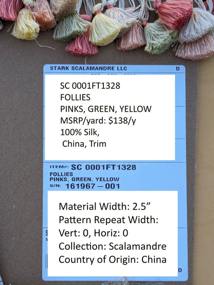 Scalamandre Silk Trim Follies Pink Green Yellow Tassel Coral Trim MSRP USD 260/Y