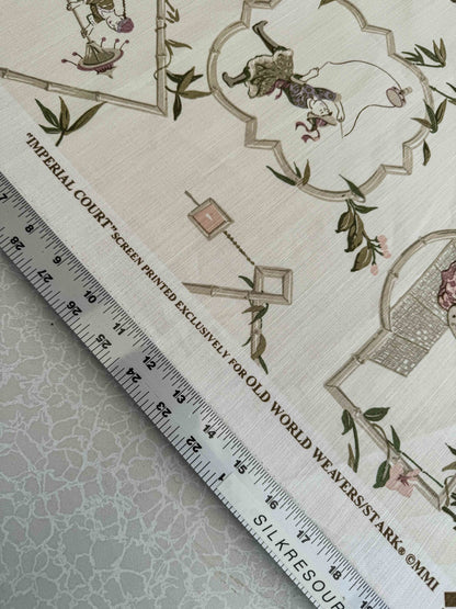 1.9y Scalamandre Old Word Weavers Imperial Court Asian Chinoiserie Toile Figurative Game Sports Music Bamboo Cream White
