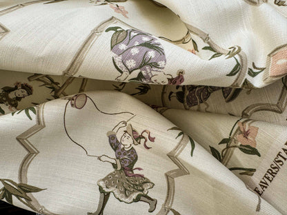1.9y Scalamandre Old Word Weavers Imperial Court Asian Chinoiserie Toile Figurative Game Sports Music Bamboo Cream White