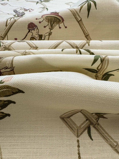 1.9y Scalamandre Old Word Weavers Imperial Court Asian Chinoiserie Toile Figurative Game Sports Music Bamboo Cream White