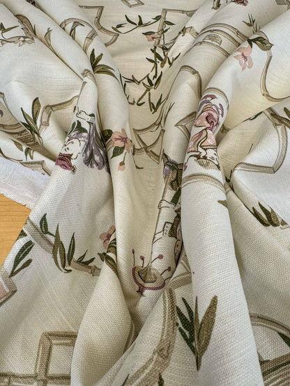 1.9y Scalamandre Old Word Weavers Imperial Court Asian Chinoiserie Toile Figurative Game Sports Music Bamboo Cream White