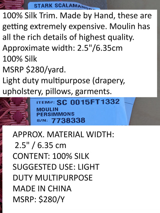 Scalamandre Moulin Persimmons 100% Silk Tassel Trim Hand Made Red Pink Rose MSRP USD280/y