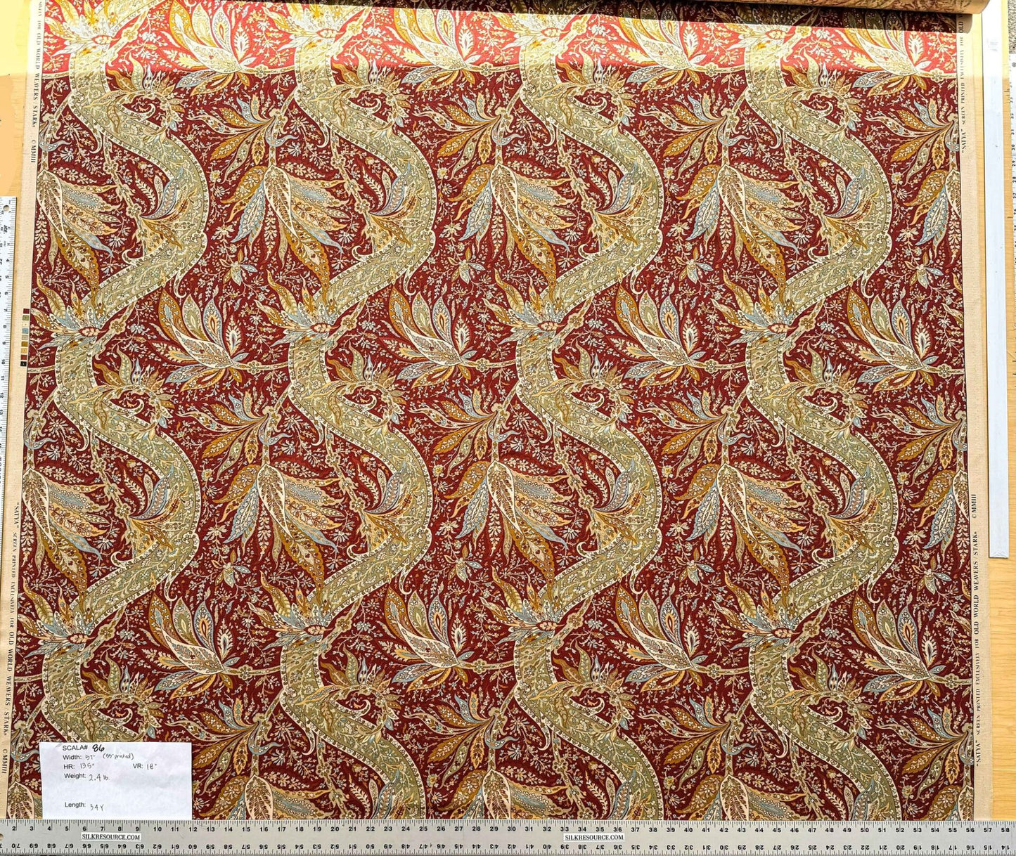 3.4y Scalamandre Satya Red Green Tropical Botanical Tree Foliage Stripe