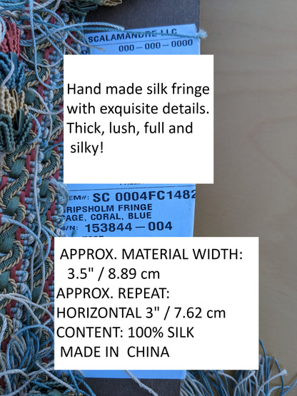 Scalamandre Gripsholm Fringe Silk in Sage Coral Blue Green Pink Tassel MSRP$300+/y