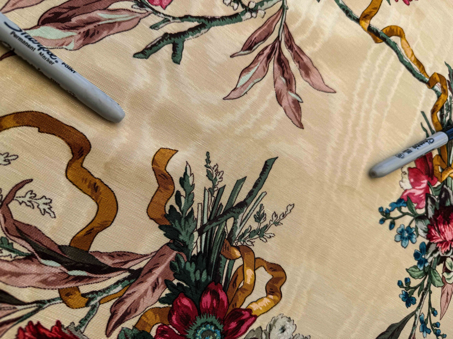 by yard Scalamandre Floral Botanical Foliage French Court Classic Red  White Blue Purple on Beige