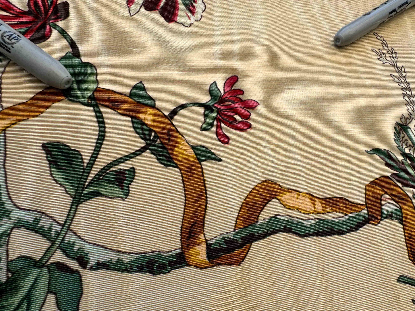 by yard Scalamandre Floral Botanical Foliage French Court Classic Red  White Blue Purple on Beige