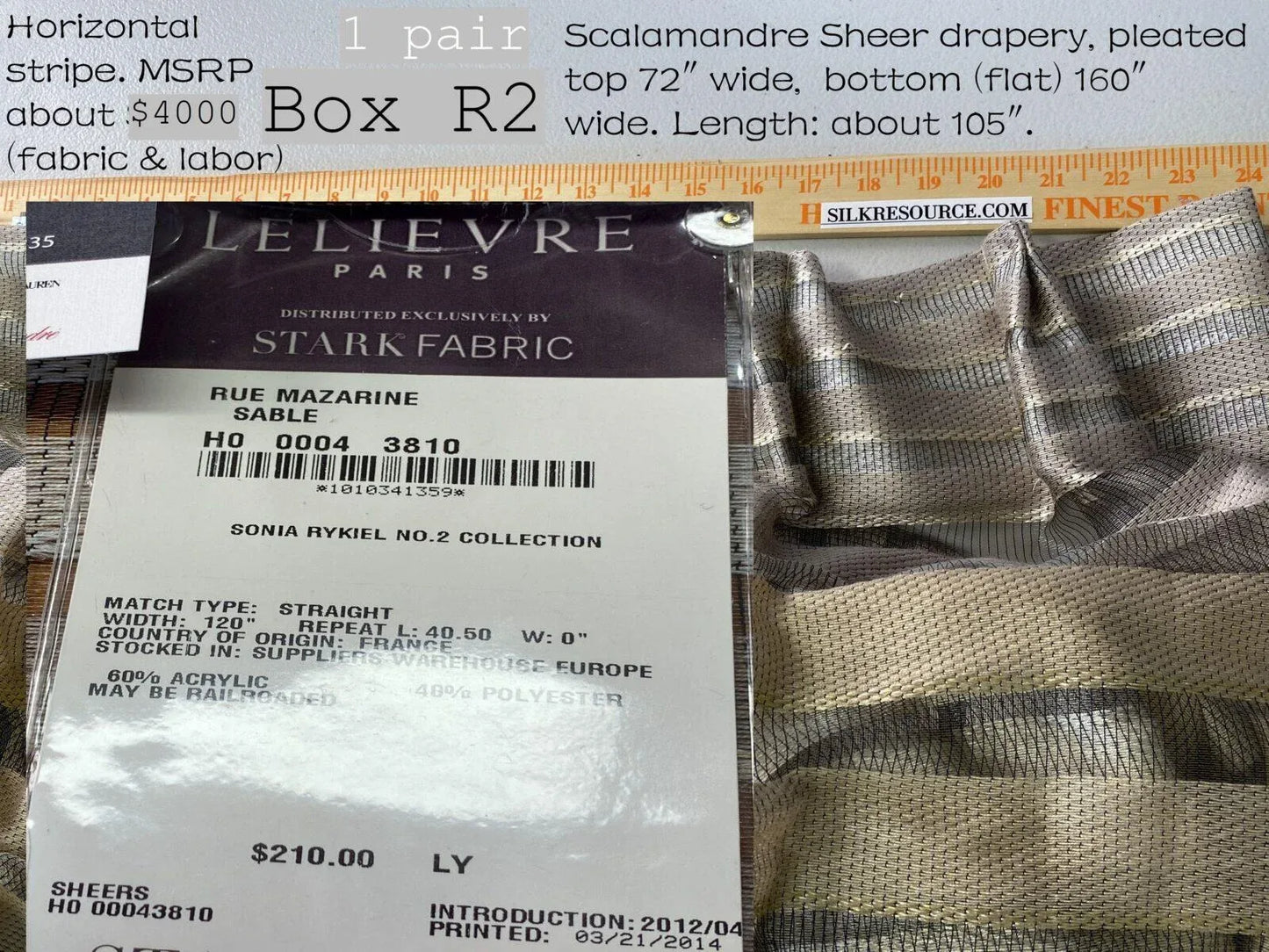Boxr2 Scalamandre Drapery Pair 72"x2 Wide, 105" Long Sheer Rue Mazarine Sable MSRP USD 4000+