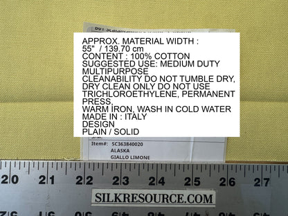 Scalamandre Alaska Giallo Limone Lemon Yellow 100% Cotton Solid - By the yard