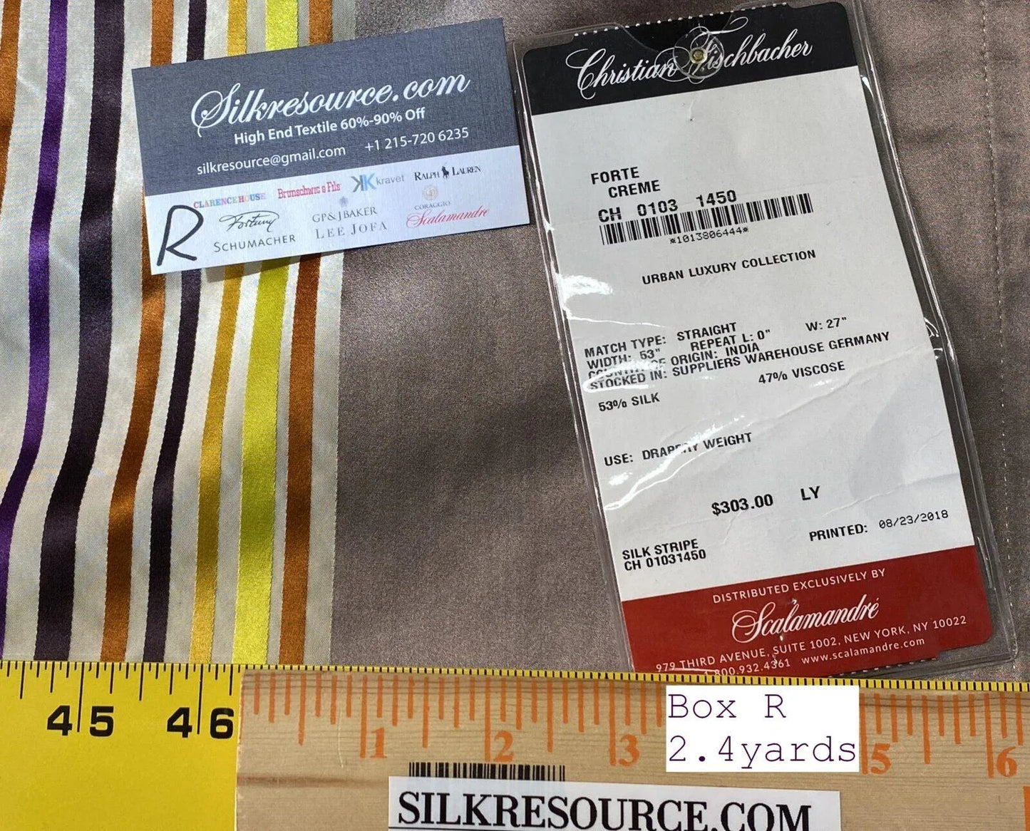 3 Boxr Scalamandre 2.4yds Forte In Creme Silk Satin Navy Blue Gold Mocha Brown Christian Fischbacher Showroom Sample MSRP USD 644/Y